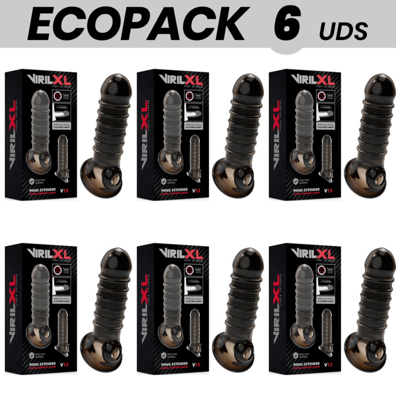 ECOPACK 6 UDS - VIRILXL EXTENSION Y FUNDA DE PENE V15 NEGRO
