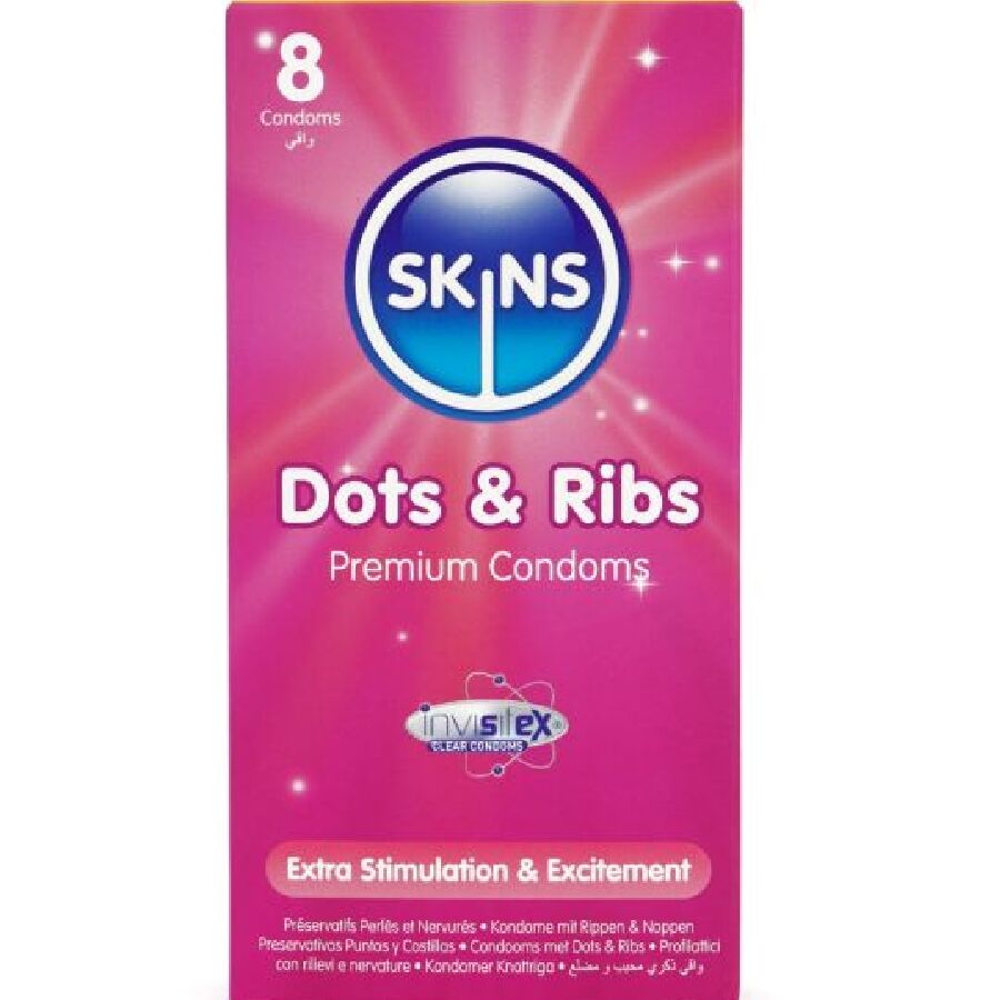 SKINS - DOTS  RIBS PRESERVATIVOS PREMIUM PACK 8
