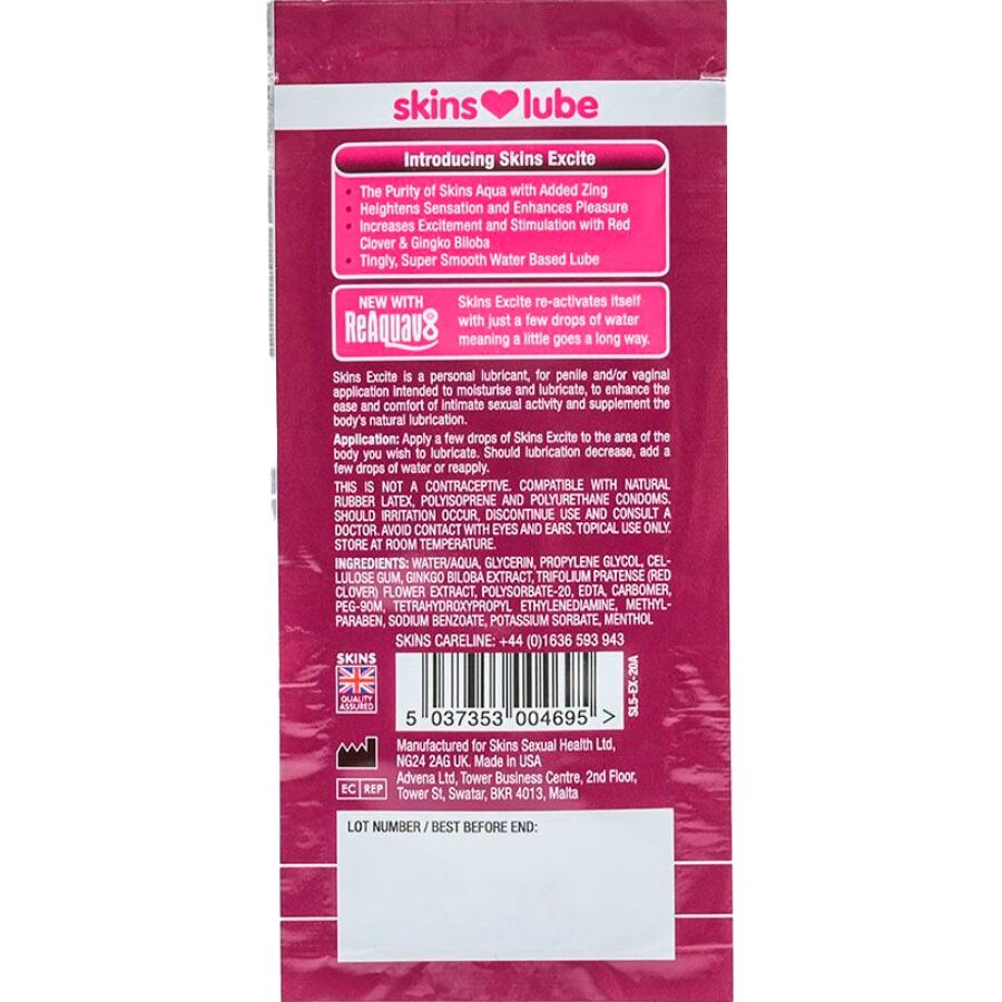 SKINS - EXCITE LUBRICANTE BASE DE AGUA MONODOSIS 5 ML - Imagen 2